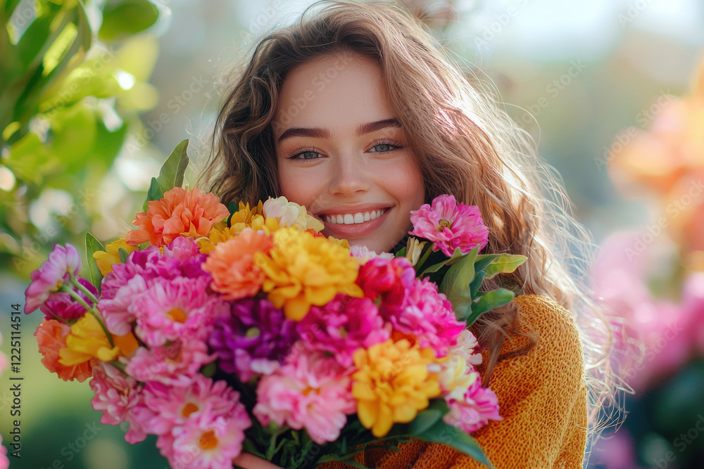 Fototapeta premium Smiling woman holding a colorful bouquet of fresh flowers in a sunny garden.