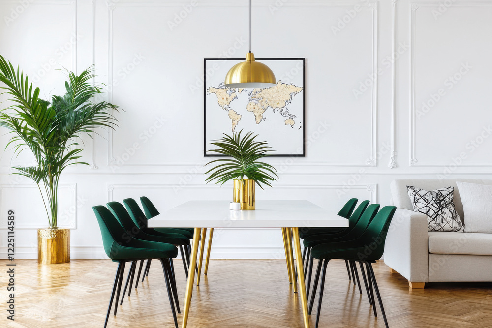 Fototapeta premium Stylish dining area featuring modern furniture and vibrant decor elements.