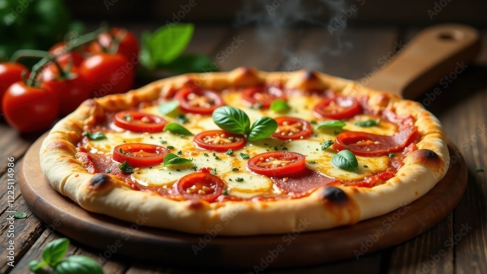 Aromatic Pizza with Melted Cheese, Succulent Tomatoes, and Fresh Basil on Rustic Wooden Board Aromatic Pizza with Melted Cheese, Succulent Tomatoes, and Fresh Basil on Rustic Wooden Board