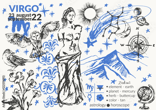 Hand drawn virgo zodiac signs illustration, horoscope background with astrology symbols and talismans
