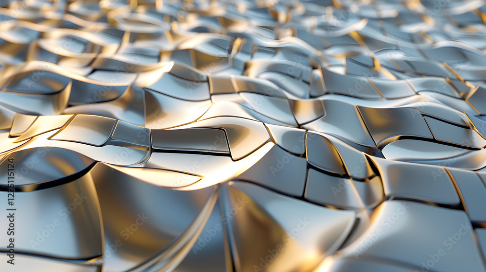Fototapeta premium Abstract metallic surface with flowing, wave-like patterns reflecting light.