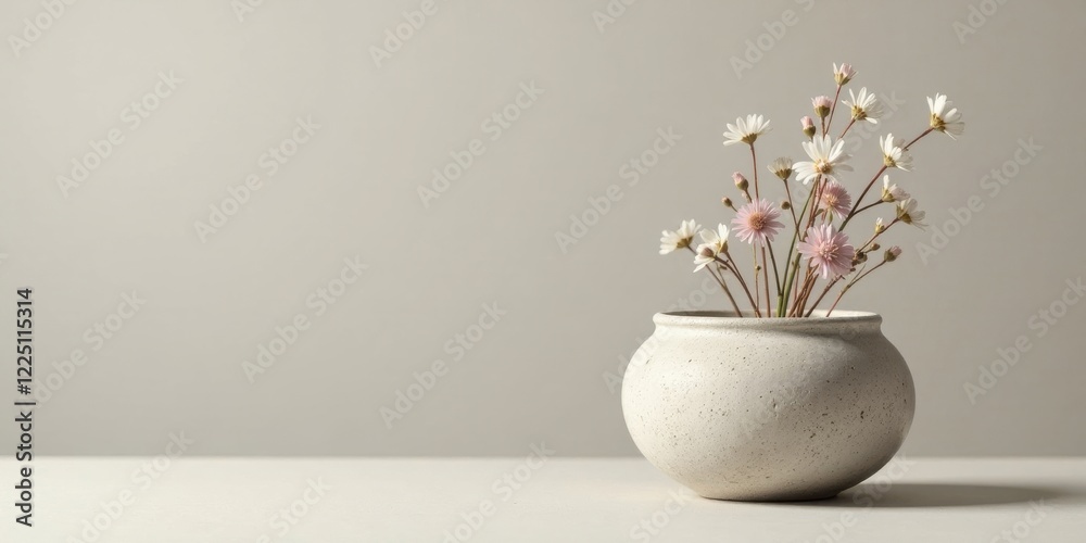 Simple flower arrangement in a round, speckled, light-grey ceramic pot on a white surface against a neutral background Simple flower arrangement in a round, speckled, light-grey ceramic pot on a white surface against a neutral background