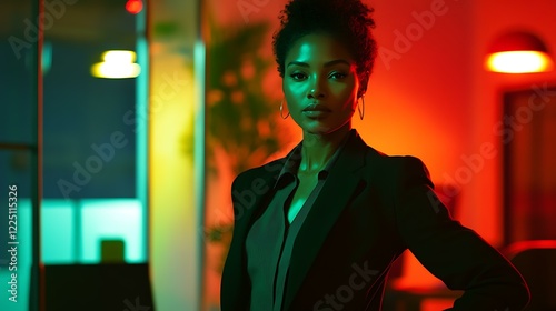 A confident Black businesswoman standing tall in a contemporary workspace under focused lighting, with subtle nods to red, black, and green tones in the background