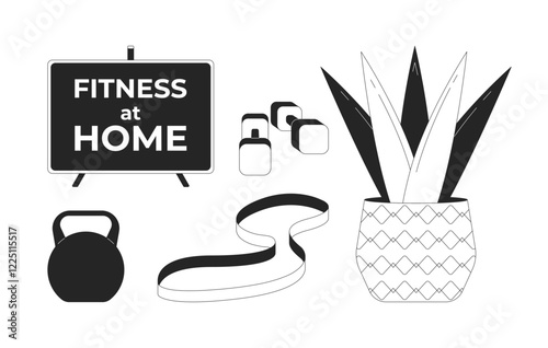 Fitness at home accessories black and white 2D line objects set. Kettlebell, resistance band, dumbbells, houseplant isolated clip arts vector outline items collection. Monochrome spot illustrations