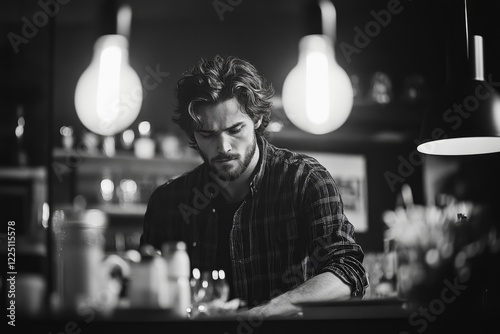 A man standing in a kitchen, gripping the counter tightly, his expression dark and filled with lingering resentment toward an unseen figure