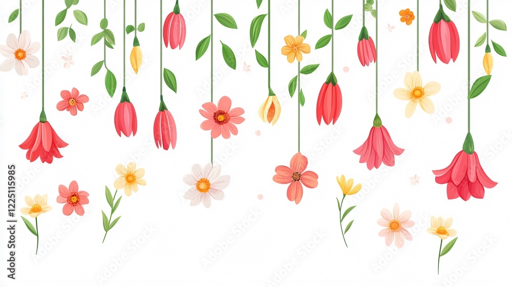 Fototapeta premium Vibrant Spring Flowers Hanging Pattern in Nature with Wide Angle Center View
