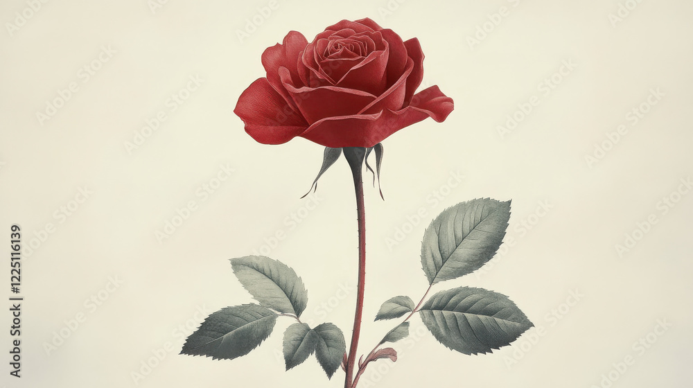 A deep crimson rose in a classic botanical illustration style, velvety petals with darker edges, tall stem with a few thorns A deep crimson rose in a classic botanical illustration style, velvety petals with darker edges, tall stem with a few thorns