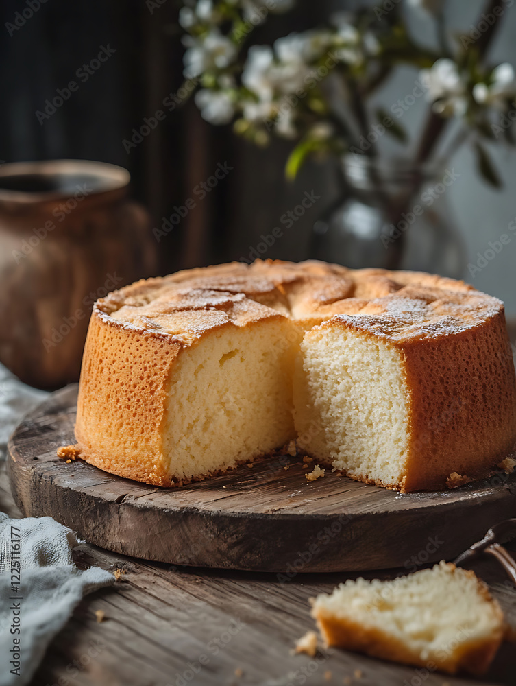 Chiffon cake with a slice cut out, displayed on a rustic wooden plate Chiffon cake with a slice cut out, displayed on a rustic wooden plate