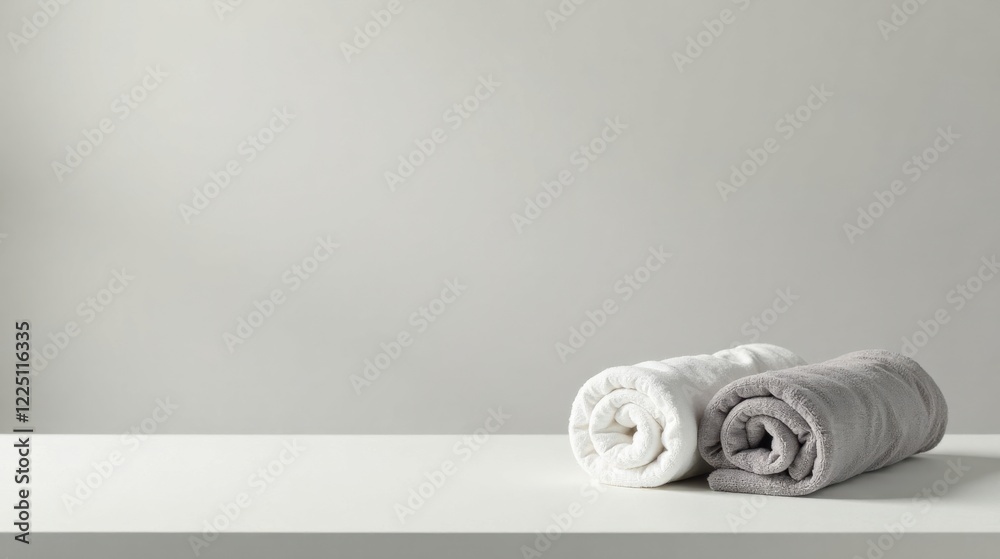 Clean rolled towels on a minimalist surface against a neutral backdrop, ideal for spa or bathroom product displays Clean rolled towels on a minimalist surface against a neutral backdrop, ideal for spa or bathroom product displays