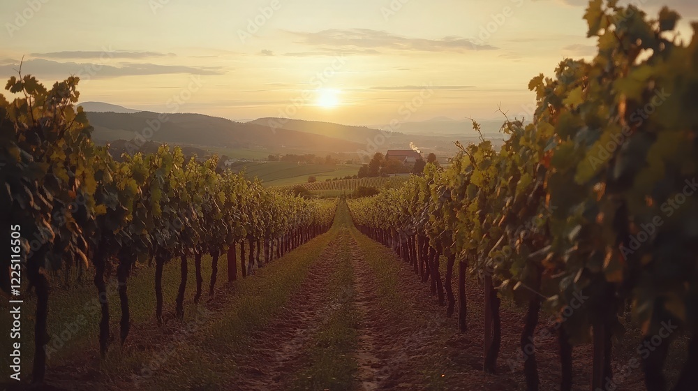 Fototapeta premium Sunset over rows of grapevines in vineyard. Ideal for wine, travel, or agriculture themes.