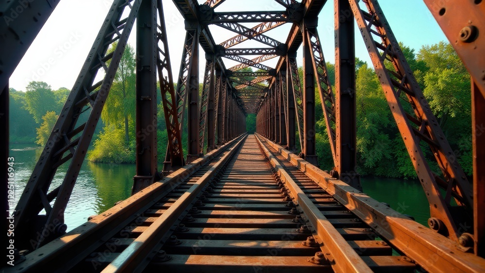 Rusty Railroad Bridge Spanning Serene Waters A Tranquil Vista of Nature and Industry Rusty Railroad Bridge Spanning Serene Waters A Tranquil Vista of Nature and Industry
