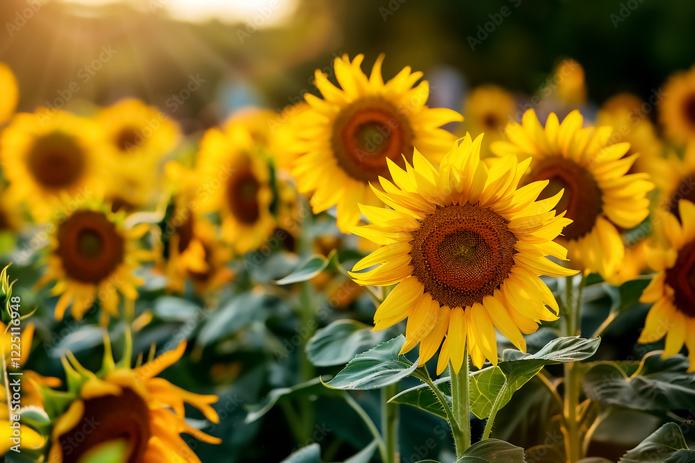 Sunflowers stand radiant in vibrant field, showcasing their bright yellow petals and rich brown centers, evoking joy and warmth Sunflowers stand radiant in vibrant field, showcasing their bright yellow petals and rich brown centers, evoking joy and warmth