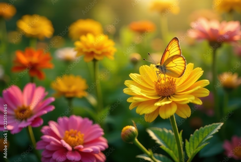 A delicate butterfly rests on a vibrant yellow flower amidst a field of colorful blossoms, bathed in the warm glow of the setting sun. A delicate butterfly rests on a vibrant yellow flower amidst a field of colorful blossoms, bathed in the warm glow of the setting sun.