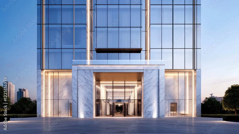 Obraz premium Modern Glass Skyscraper Entrance at Dusk