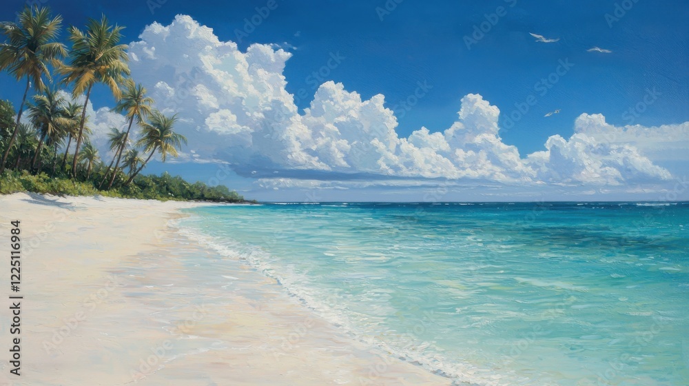 Tropical beach vibes crystal-clear waters swaying palm trees and soft white sand under a bright blue sky Tropical beach vibes crystal-clear waters swaying palm trees and soft white sand under a bright blue sky