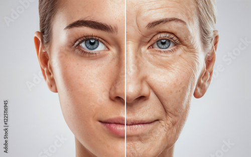 After before comparison of young woman's half face skin and senior women's face. Aging skincare, beauty wrinkles treatment, rejuvenation process, facial treatment concept.