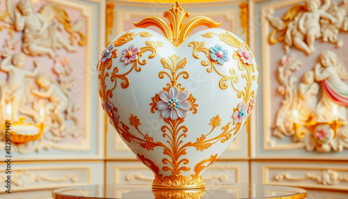 A white porcelain heart with intricate gold and floral details stands against an opulent rococo background, symbolizing timeless beauty. photo