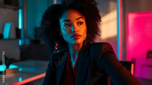 A poised Black female entrepreneur in a sleek office, illuminated by focused light with Black History Month colors subtly included in the backdrop