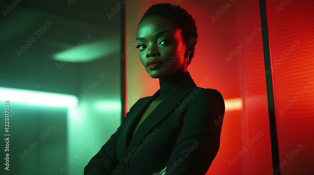 A poised Black female leader standing in a modern office, illuminated by a spotlight, with subtle red, black, and green tones softly featured in the scene A poised Black female leader standing in a modern office, illuminated by a spotlight, with subtle red, black, and green tones softly featured in the scene