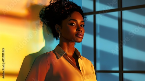 A poised Black professional confidently standing in a modern office with a spotlight on her, with faint Black History Month-inspired hues softly blending into the scene photo