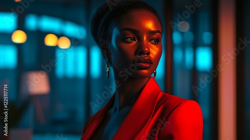 A poised Black professional standing in a modern office under a focused light, with subtle nods to Black History Month colors softly incorporated into the scene