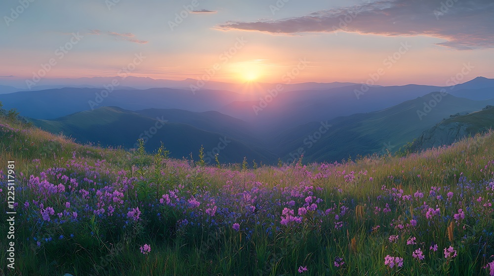 Obraz premium Mountain Sunrise with Wildflowers background
