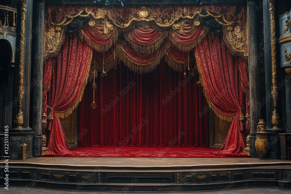 Fototapeta premium Ornate red velvet stage curtains, gold accents. Perfect backdrop for theatrical, vintage, or dramatic productions.