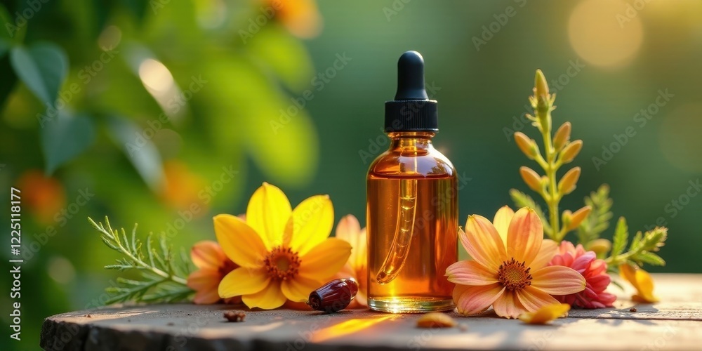 Amber bottle of essential oil nestled among vibrant autumnal blossoms on rustic wood Amber bottle of essential oil nestled among vibrant autumnal blossoms on rustic wood
