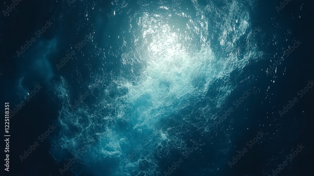 Fototapeta premium Abstract underwater scene with bright light source, illuminating particles in dark blue water. Glowing particles and a dramatic light beam create a