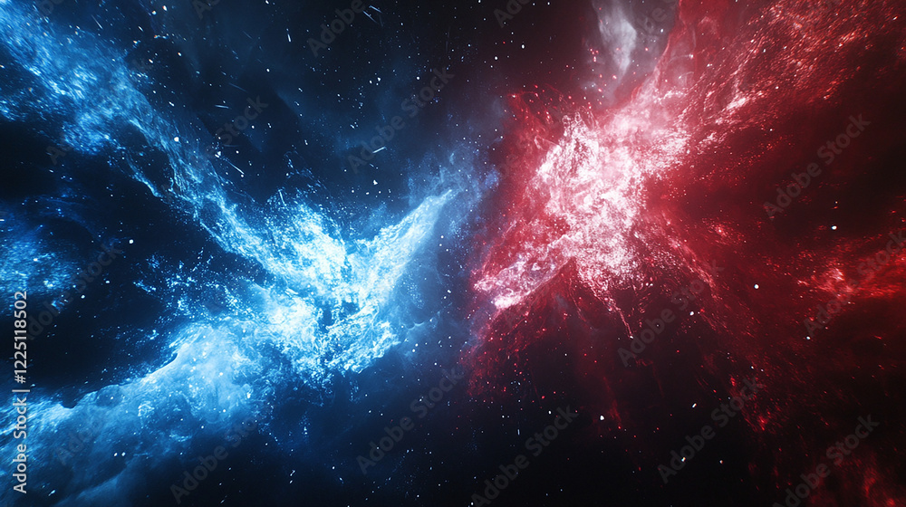 Fototapeta premium Blue and red energy blasts colliding mid-air