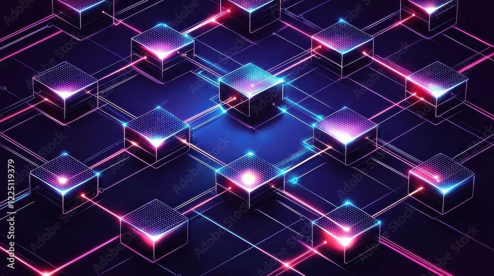 Futuristic Digital Network with Neon Light Cubes on Dark Background Futuristic Digital Network with Neon Light Cubes on Dark Background