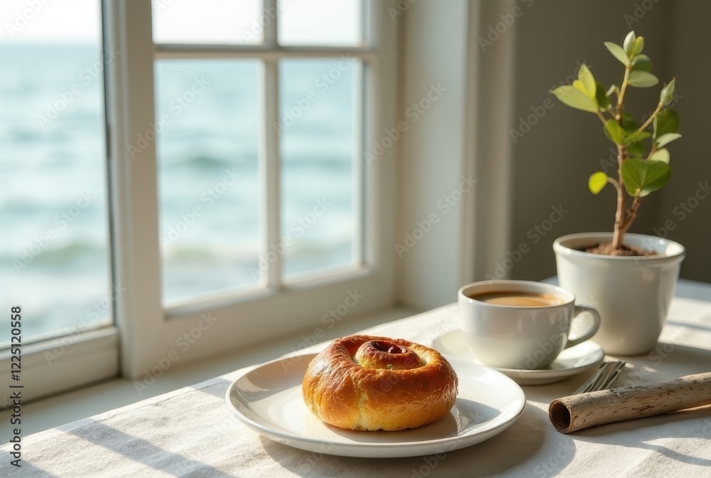 A delightful pastry and a warm beverage enjoyed by a window overlooking a tranquil ocean vista