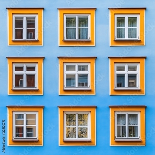 Nine windows with orange frames on a light blue wall creating a geometric pattern