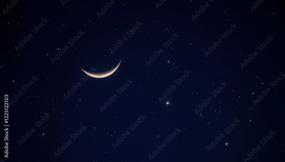Naklejka premium Crescent Moon and Stars in a Dark Night Sky