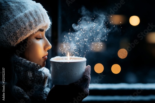 A person standing at a window, watching snow fall while holding a steaming mug, their expression dark and reflective of lingering resentment