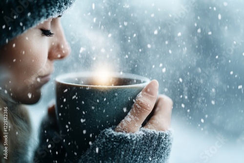 A person standing at a window, watching snow fall while holding a steaming mug, their expression dark and reflective of lingering resentment