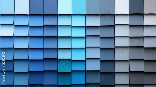 Varied shades of blue and gray paint samples arranged in a grid pattern. The squares show a gradient of color  ranging from light to dark tones. The