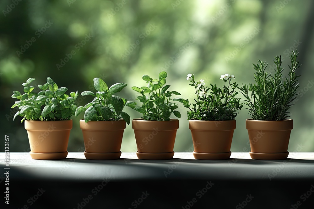 vibrant selection of spring herbs planted in small ceramic pots arranged on sunny windowsill vibrant selection of spring herbs planted in small ceramic pots arranged on sunny windowsill