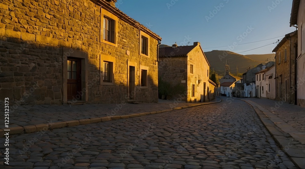 Naklejka premium A charming cobblestone street in a historic village at sunset, bathed in warm golden light. The rustic houses, rolling hills, and serene atmosphere create a picturesque and nostalgic scene of tranquil
