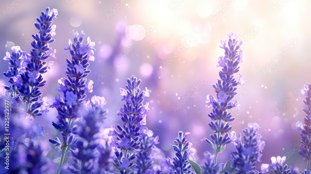 Fototapeta premium Vibrant purple lavender flowers bathed in soft sunlight, bokeh background, dreamy atmosphere, peaceful scene