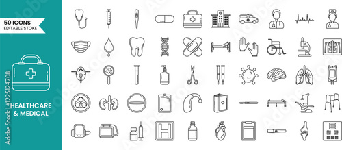 Healthcare and medical icon set in line style. Hospital, medicine, doctor, nurse, health, stethoscope, patient, ambulance and more. Vector illustration