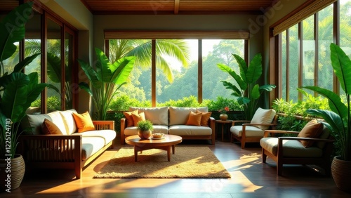 Sun-drenched interior living space with expansive windows showcasing lush tropical foliage, featuring a comfortable sofa and armchairs arranged around a coffee table on a textured rug.