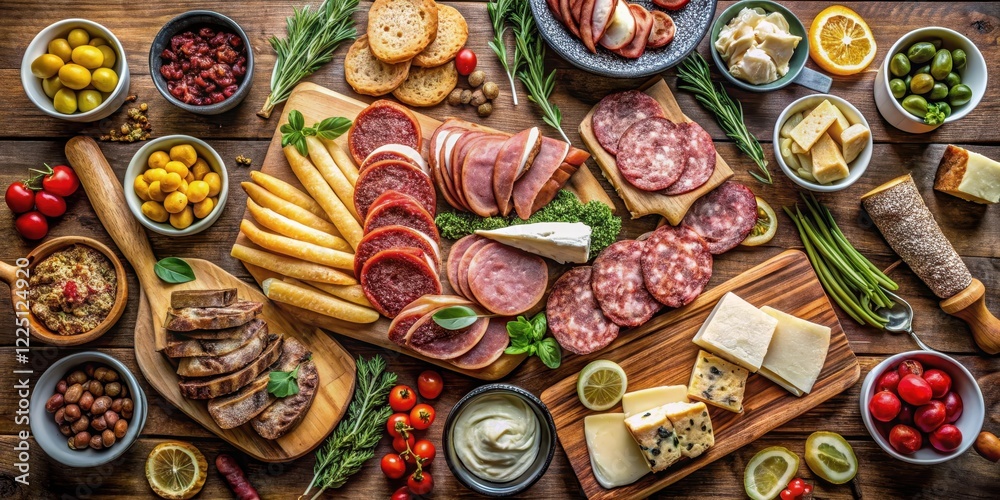 Delicious food spread on a long table with various meats and cheeses, bread, meat,  bread, meat, grapes, antipasti, wine