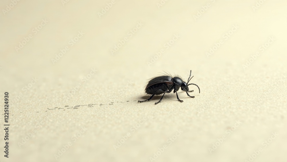 A Tiny Dark Beetle Crawls Across a Light Beige Surface, Leaving a Faint Trail Behind A Tiny Dark Beetle Crawls Across a Light Beige Surface, Leaving a Faint Trail Behind