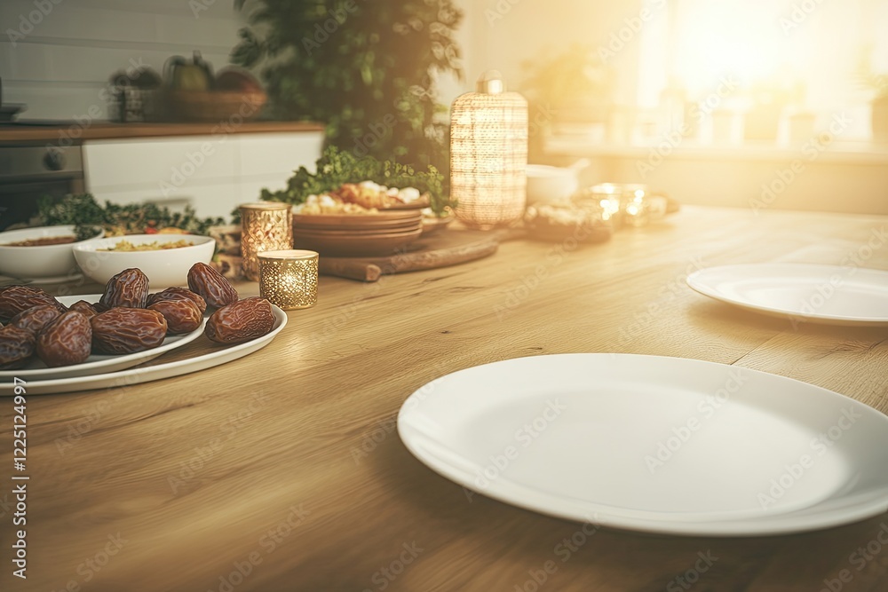 cozy top-down view of family setting table with traditional dishes and ramadan decor before iftar cozy top-down view of family setting table with traditional dishes and ramadan decor before iftar