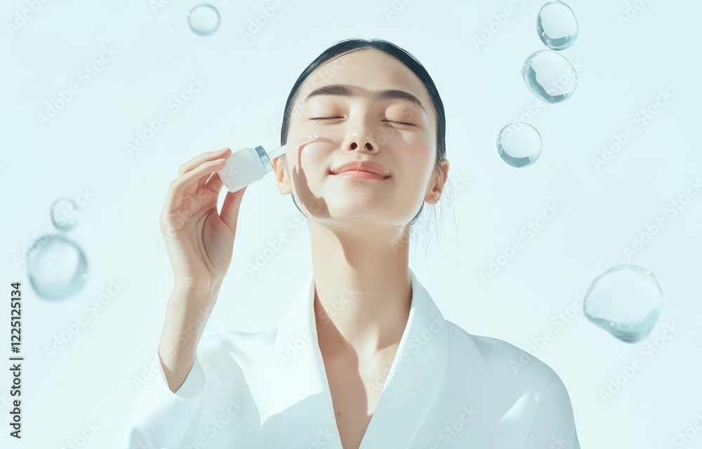 Radiant beauty ritual a serene woman applying skincare serum amidst floating water bubbles, emphasizing hydration and self-care in a minimalist aesthetic Radiant beauty ritual a serene woman applying skincare serum amidst floating water bubbles, emphasizing hydration and self-care in a minimalist aesthetic