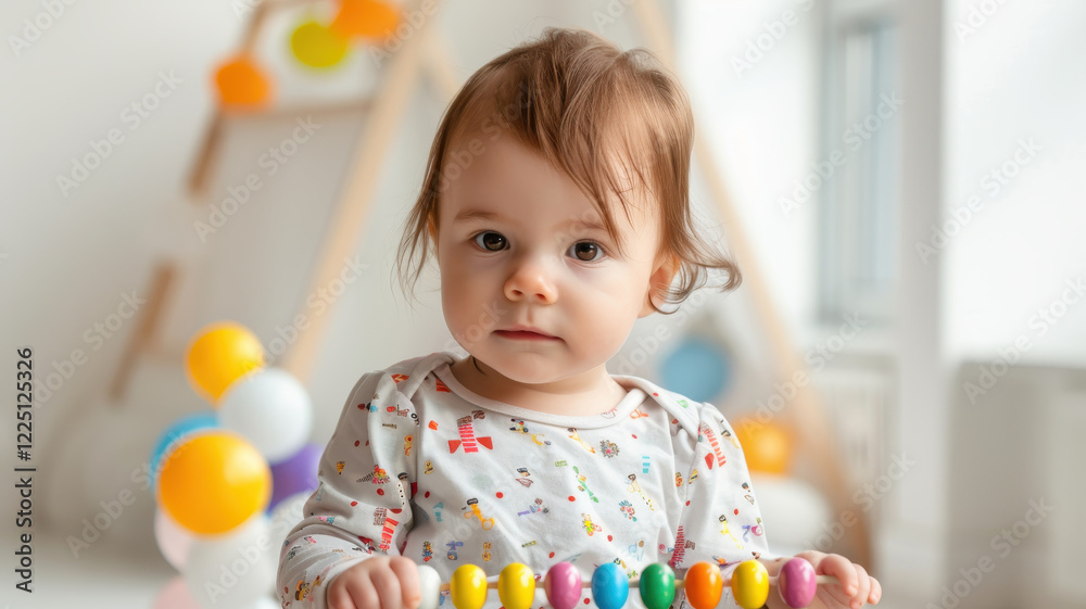 baby with curious expression holds colorful abacus, surrounded by bright balloons in cozy room baby with curious expression holds colorful abacus, surrounded by bright balloons in cozy room
