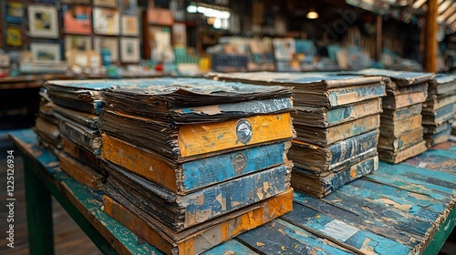 Vintage books, shop display, cluttered background, history, education photo