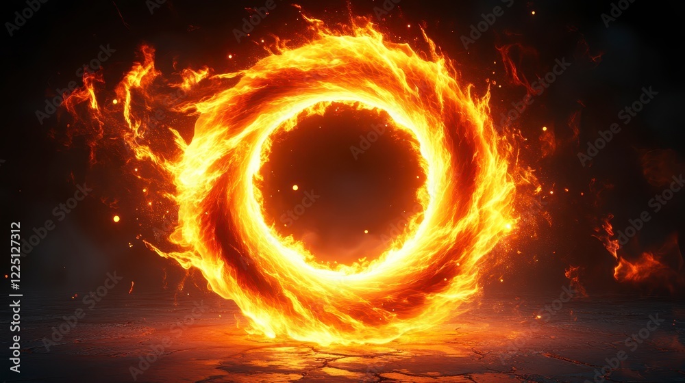 Fototapeta premium Fiery orange and yellow ring of fire swirls on a dark background, glowing intensely with sparks and embers. Dramatic lighting creates a mystical