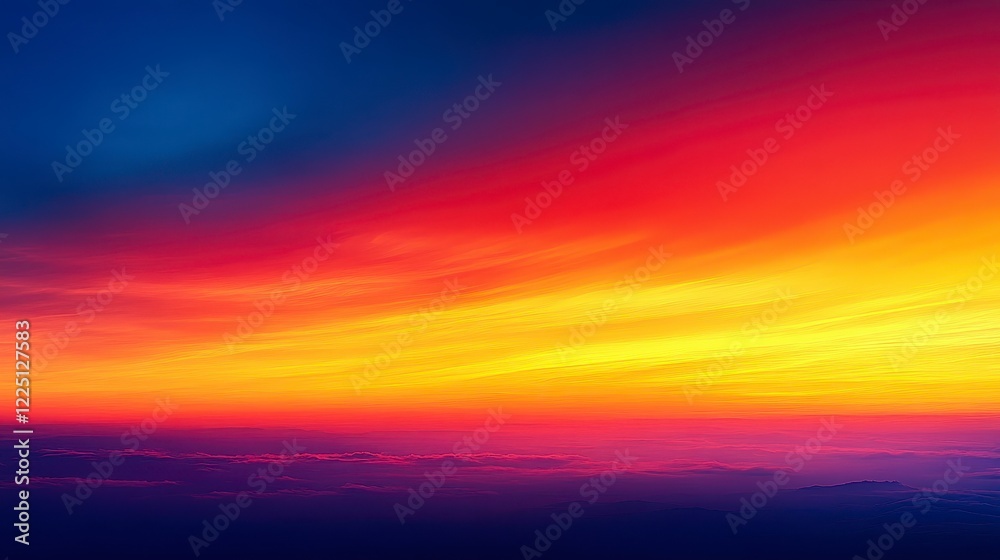Vibrant sunset with intense red, orange, and yellow hues. Clouds stretch across the sky, creating a dramatic effect. The lower portion shows a hazy Vibrant sunset with intense red, orange, and yellow hues. Clouds stretch across the sky, creating a dramatic effect. The lower portion shows a hazy